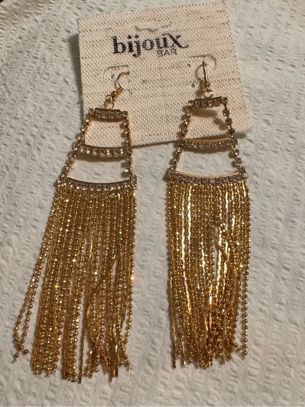 Bisou Bar NWT gold shoulder
duster,rhinestone,gold fringe,face framing,statement